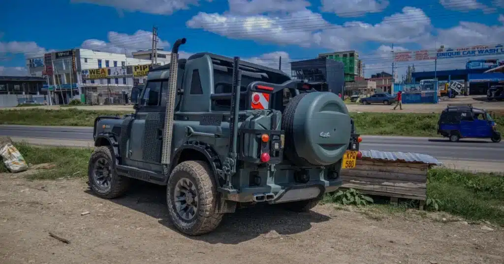 Rear three-quarter angle of 1990 Land Rover Defender 90 pick-up